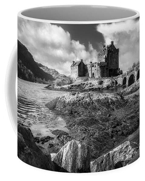 Eilean Donan Coffee Mug featuring the photograph Eilean Donan Castle in black and white by Holly Ross
