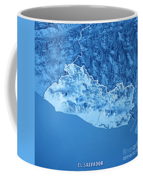 El Salvador Coffee Mug featuring the digital art El Salvador 3D Render Topographic Map Blue Border by Frank Ramspott