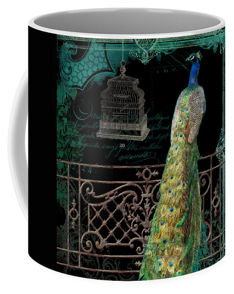 Regal Coffee Mug featuring the mixed media Elegant Peacock Iron Fence w Vintage Scrolls 4 by Audrey Jeanne Roberts
