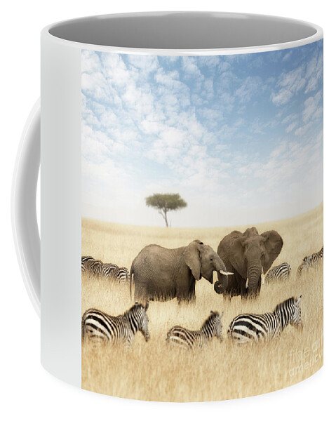 Elephant Coffee Mug featuring the photograph Elephants and zebras in the grasslands of the Masai Mara by Jane Rix