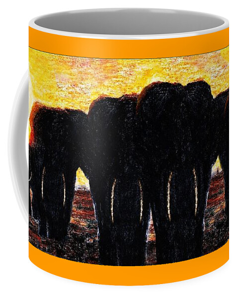 Elephants Coffee Mug featuring the painting Elephants Sunset by Hartmut Jager