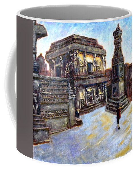 Ellora Caves Coffee Mug featuring the painting Ellora Caves - Kailash Temple by Uma Krishnamoorthy