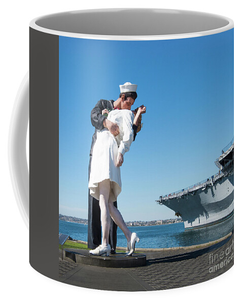 Embracing Peace Sculpture Coffee Mug featuring the photograph Embracing Peace Sculpture and USS Midway Aircraft Carrier by David Levin
