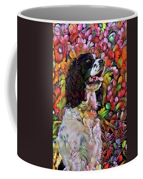 English Springer Spaniel Coffee Mug featuring the mixed media English Springer Spaniel in the Garden by Peggy Collins