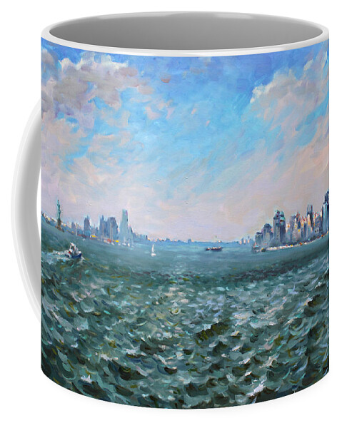 Manhattan Coffee Mug featuring the painting Entering in New York Harbor by Ylli Haruni