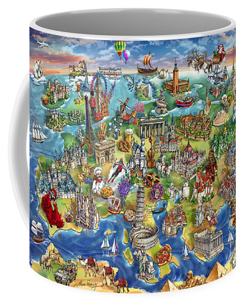 Europe Coffee Mug featuring the painting European World Wonders Illustrated Map by Maria Rabinky