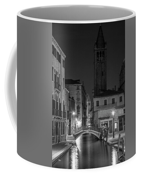B&w Coffee Mug featuring the photograph Evening Canal in Venice to the tower by John McGraw