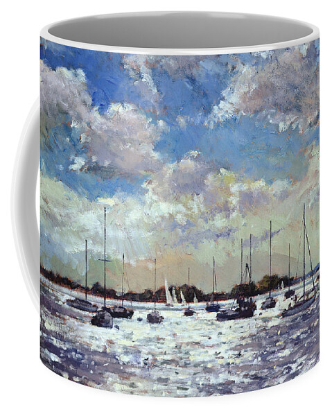 Twilight; Dusk; Romantic; Sailboat; Sail; Boat; Yacht; Sea; Marine; Sunlight; Coast; Coastal; Mooring; North-west France; Bay Of Biscay; Sailing; Clouds; Sky; France Coffee Mug featuring the painting Evening Light - Gulf of Morbihan by Christopher Glanville
