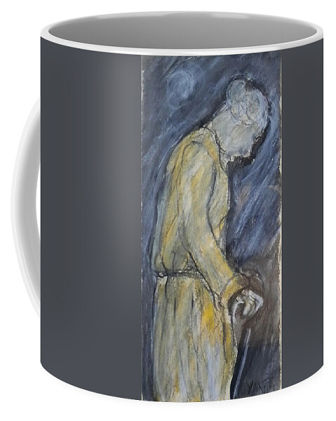 Original Art Pastel Chalk Drawing Evening Stroll Lady Cane Coffee Mug featuring the pastel Evening Stroll by Katt Yanda