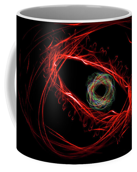 Light Painting Psychedelic Groovy 60's Spirograph Swinging Light Flashlight Abstract Blacklight Trippy Long Exposure Pink Floyd Dark Colorful Hypnotic Eyeball Eye Osiris All Seeing Eye Creepy Coffee Mug featuring the photograph Eye Am Watching by Peter Herman