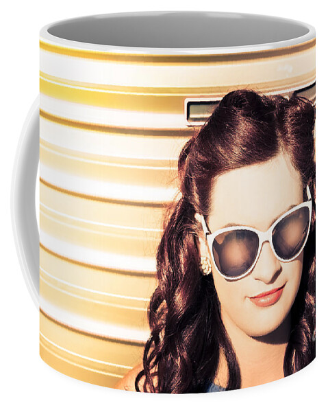 1960 Coffee Mug featuring the photograph Face of a retro beauty model in cool accessories by Jorgo Photography