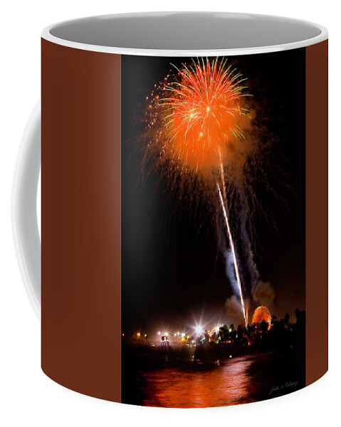 Pier Coffee Mug featuring the photograph Fireworks As Seen From The Ventura California Pier by John A Rodriguez