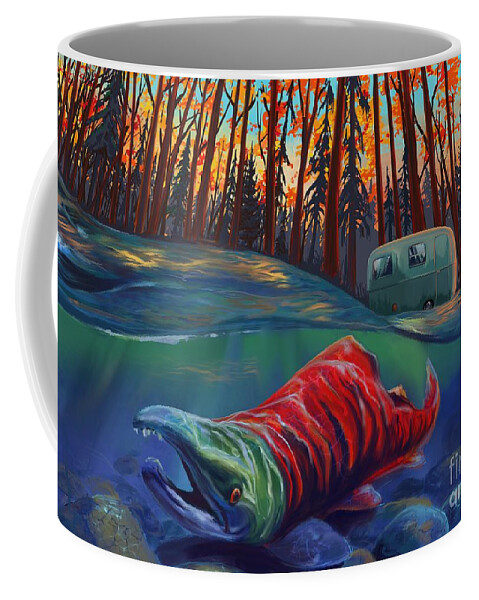 Fishing Painting Coffee Mug featuring the painting Fall Salmon fishing by Sassan Filsoof