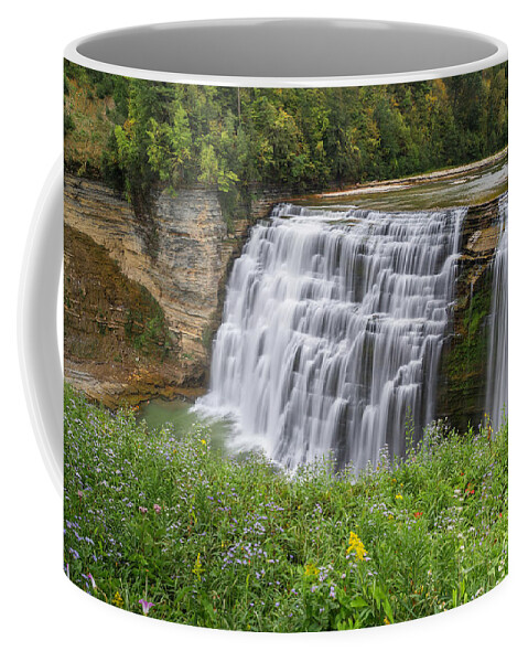 Waterfall Coffee Mug featuring the photograph Autumn Flower of Letchworth Middle Falls by Karen Jorstad
