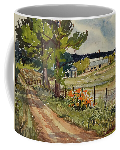 Farm Coffee Mug featuring the painting Farm with Daylilies by Judith Young