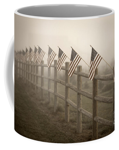 American Flag Coffee Mug featuring the photograph Farm With Fence And American Flags by Jim Corwin