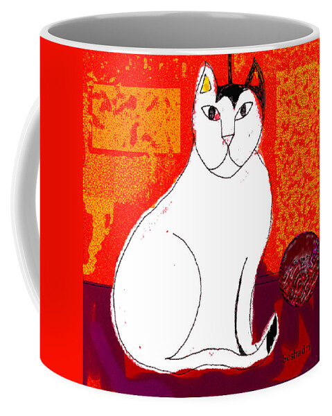 Prints Coffee Mug featuring the painting Fat Cat with Woolen Ball by Seshadri Sreenivasan
