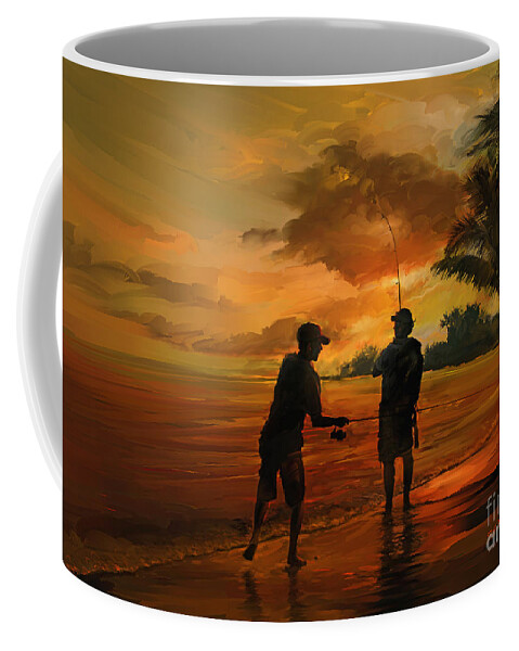 Father And Son Paintings Coffee Mug featuring the painting Father and Son Fishing by Robert Corsetti