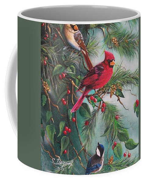 Red Bird Coffee Mug featuring the painting Feathered Friends by Sharon Duguay