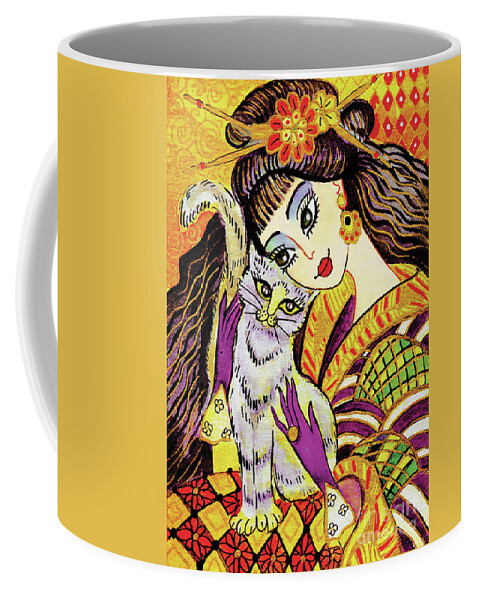Woman And Cat Coffee Mug featuring the painting Feline Rhapsody by Eva Campbell