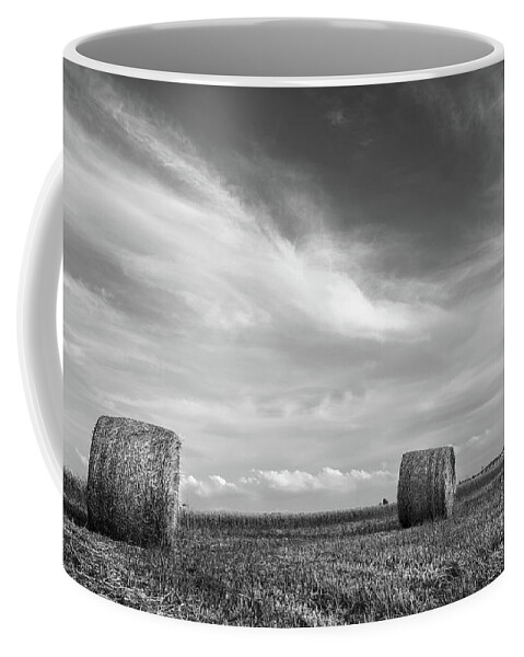 Agriculture Coffee Mug featuring the photograph Field of Round bales of hay after harvesting by Michalakis Ppalis