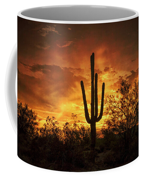 Saguaro Sunset Coffee Mug featuring the photograph Fiery Desert Skies by Saija Lehtonen