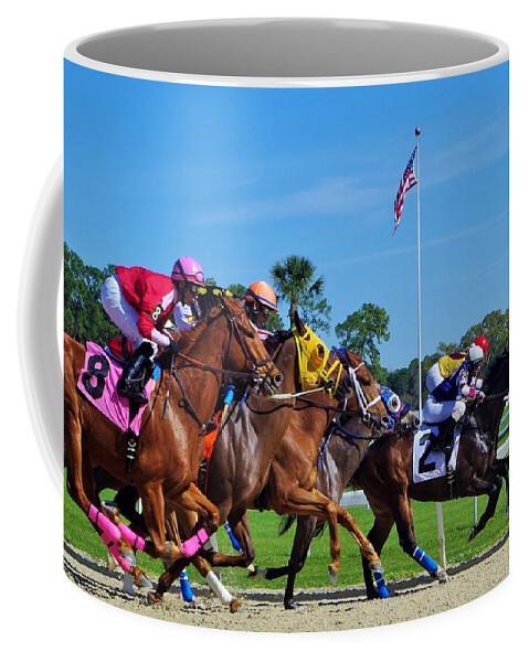 Horse Coffee Mug featuring the photograph Final Stretch by Stoney Lawrentz