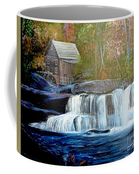 Glade Grist Mill Nature Scene Waterfall Cooper's Mill Babcock State Park Waterfalls Fayette County Waterfalls Landmarks National Treasure Old Grist Mills Fall Foliage Brown Blue River Rocks Waterfall In Two Tiers Peaceful Nature Scene Acrylic Paintings Coffee Mug featuring the painting Finding the Living Waters Original by Kimberlee Baxter