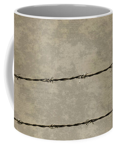 Prison Break Coffee Mug featuring the photograph Fine Art Photograph Barbed Wire over Vintage News Print Breaking Out by Colleen Cornelius