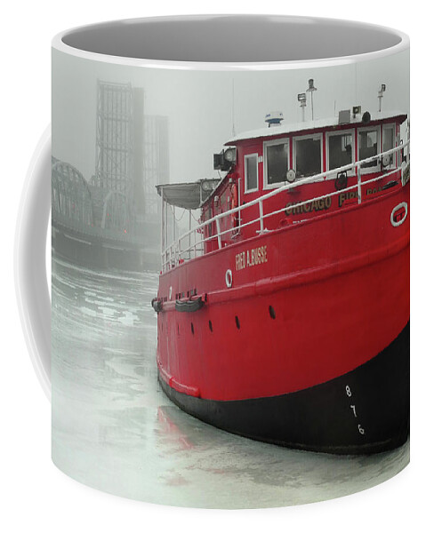 Sturgeon Bay Coffee Mug featuring the photograph Fireboat in Winter Fog by David T Wilkinson