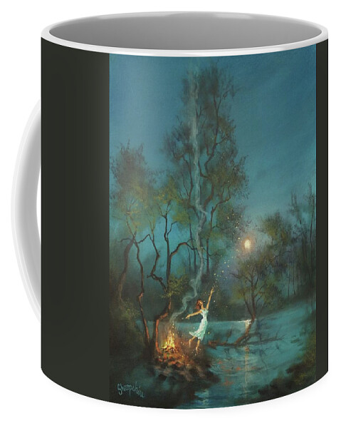 Midsummer’s Eve Coffee Mug featuring the painting Fireflies and Moonlight by Tom Shropshire
