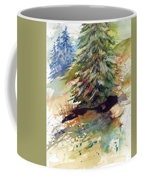 Landscape Coffee Mug featuring the mixed media Firs on the hill by Mary Lou McCambridge