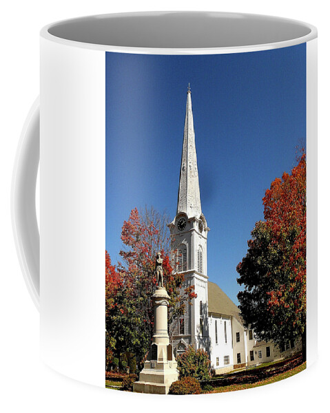 Church In Manchester Coffee Mug featuring the photograph First Congregational Church and Ethan Allen Revolutionary War Patriot Statue in Manchester Vermont by Linda Stern