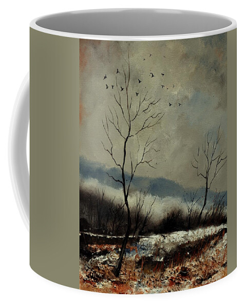 Landscape Coffee Mug featuring the painting First snow in Harroy by Pol Ledent