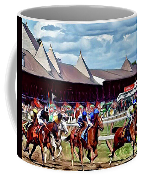 Saratoga Coffee Mug featuring the digital art First Turn Saratoga by CAC Graphics