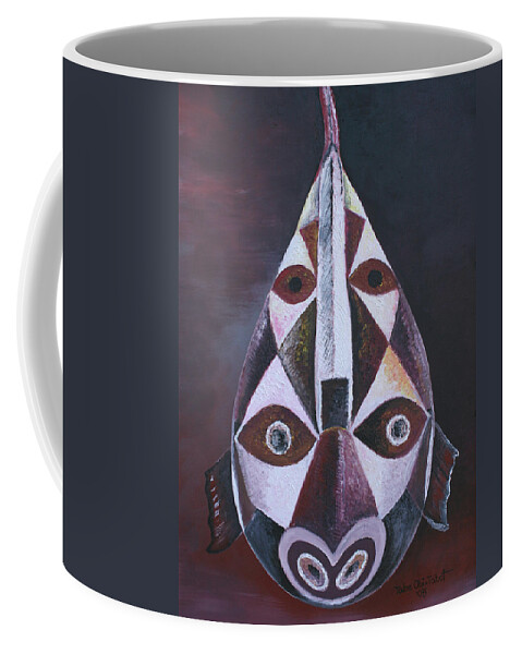 Oil On Canvas Coffee Mug featuring the painting Fish Mask by Obi-Tabot Tabe