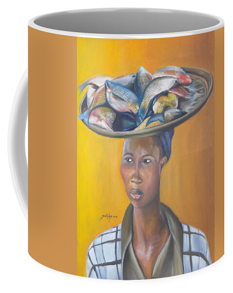 Yellow Coffee Mug featuring the painting Fish Seller by Olaoluwa Smith