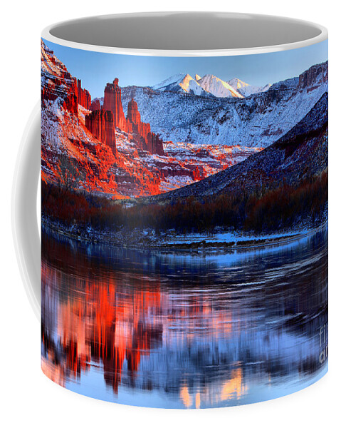 Fisher Towers Coffee Mug featuring the photograph Fisher Towers Sunset Winter Landscape by Adam Jewell