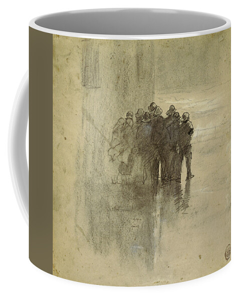 Winslow Homer Coffee Mug featuring the drawing Fishermen in Oilskins, Cullercoats, England, 1881 by Winslow Homer
