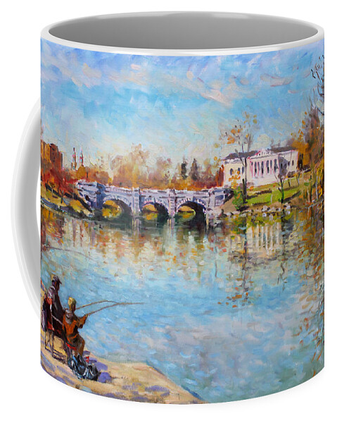 Fishing Coffee Mug featuring the painting Fishing Day by Delaware Lake Buffalo by Ylli Haruni