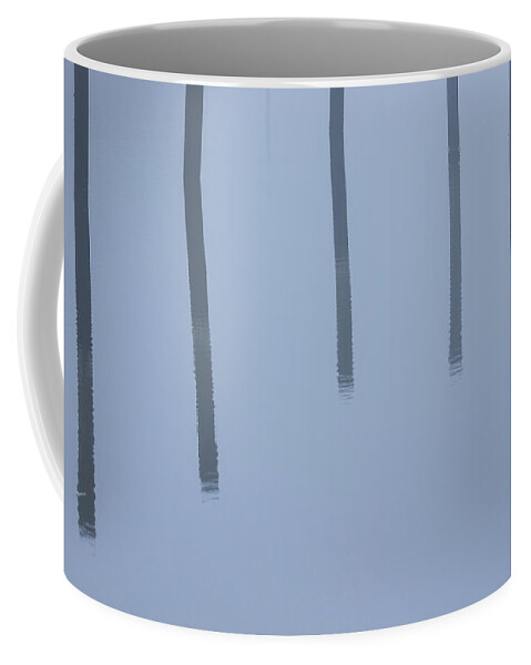 Fog Across The Harbor Coffee Mug featuring the photograph Five Poles And A Duck by Karol Livote