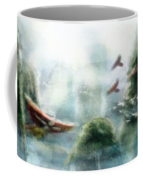 China Coffee Mug featuring the painting Flight through the Mountains by Brandy Woods