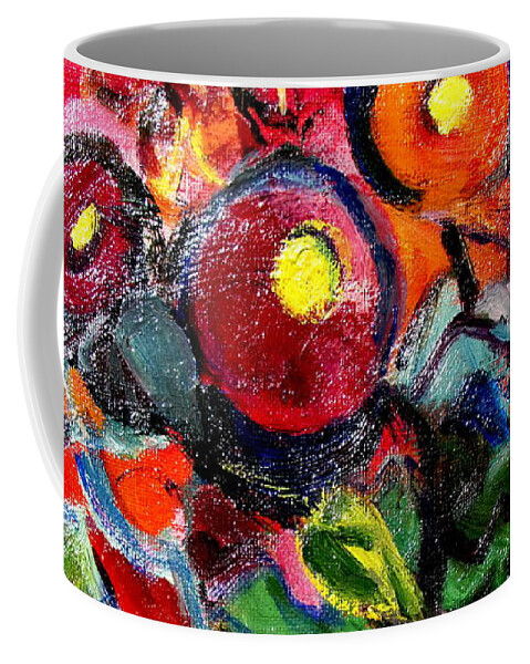 Bright Pink And Read And Orange Flowers And The Word Hola As A Greeting Coffee Mug featuring the painting Floral Fiesta with Hola by Betty Pieper