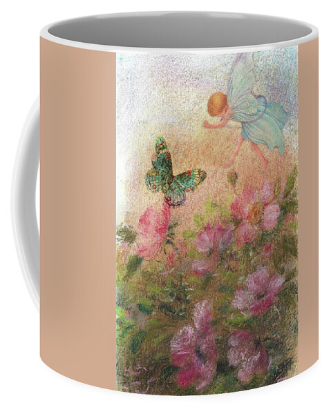 Fantasy Illustration Coffee Mug featuring the painting Flower Fairy Butterfly Roses by Judith Cheng