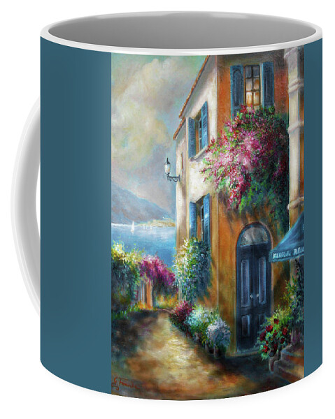 Painting Of Italy Coffee Mug featuring the painting Flower shop by the Sea by Regina Femrite