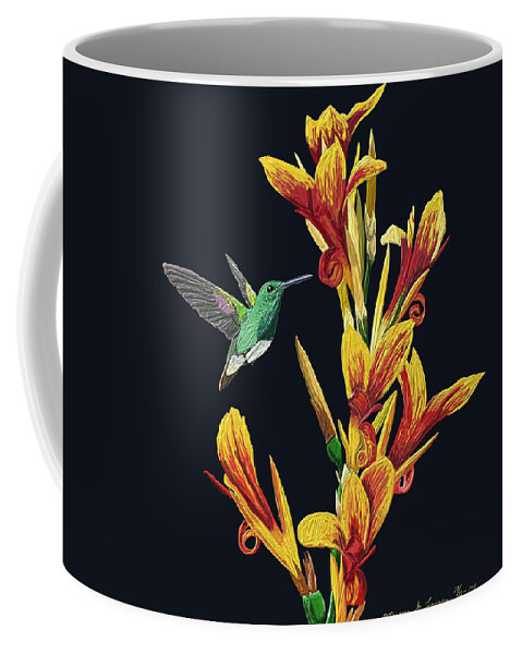Flower Coffee Mug featuring the painting Flower With Bird by ThomasE Jensen