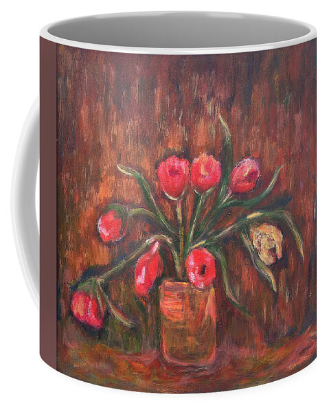 Katt Yanda Original Art Floral Oil Painting Pink Flowers Vase Wilting Coffee Mug featuring the painting Flowers of Pink in Vase by Katt Yanda