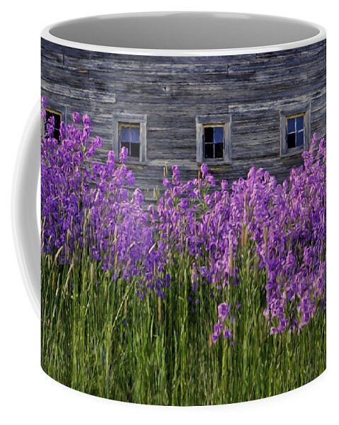 Weathered Barn Coffee Mug featuring the photograph Flowers - Windows in Weathered Barn - 2 by Nikolyn McDonald