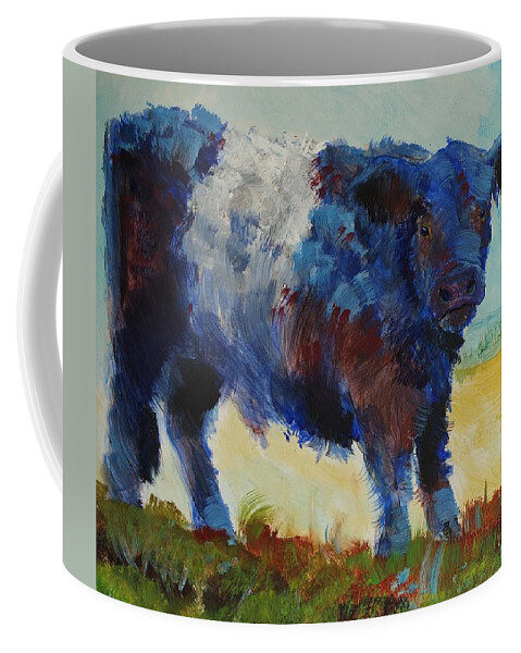 Belted Galloway Cow Coffee Mug featuring the painting Fluffy Shaggy Belted Galloway Cow - Cow with a white stripe by Mike Jory