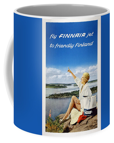 Finnair Coffee Mug featuring the mixed media Fly Finnair jet to Friendly Finland - Finland Airways - Retro travel Poster - Vintage Poster by Studio Grafiikka